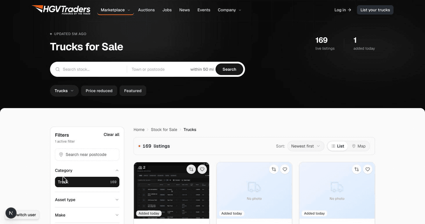 The stock search page with filter sidebar and results grid