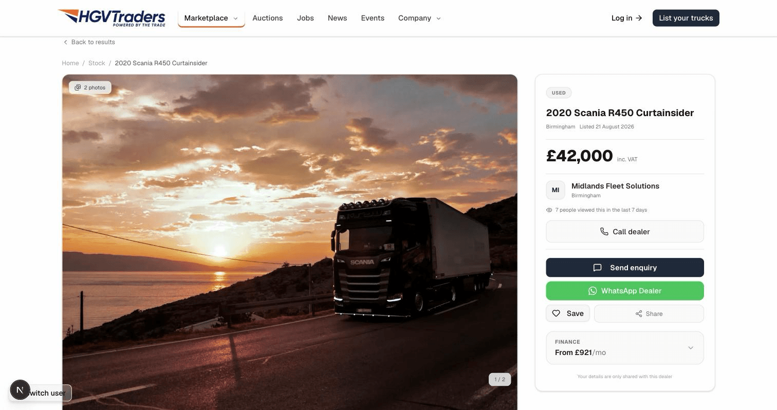 A stock listing detail page with photo gallery and specifications