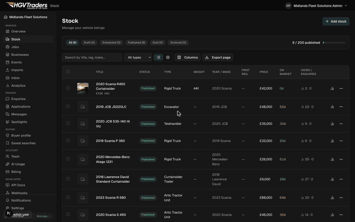 The Stock dashboard page with the Add listing button highlighted