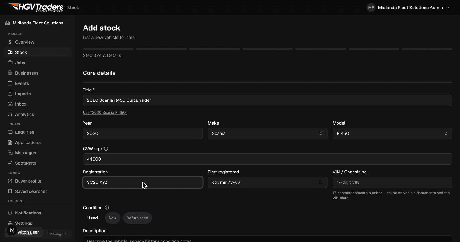 The stock wizard's vehicle details step with make, model, and registration fields
