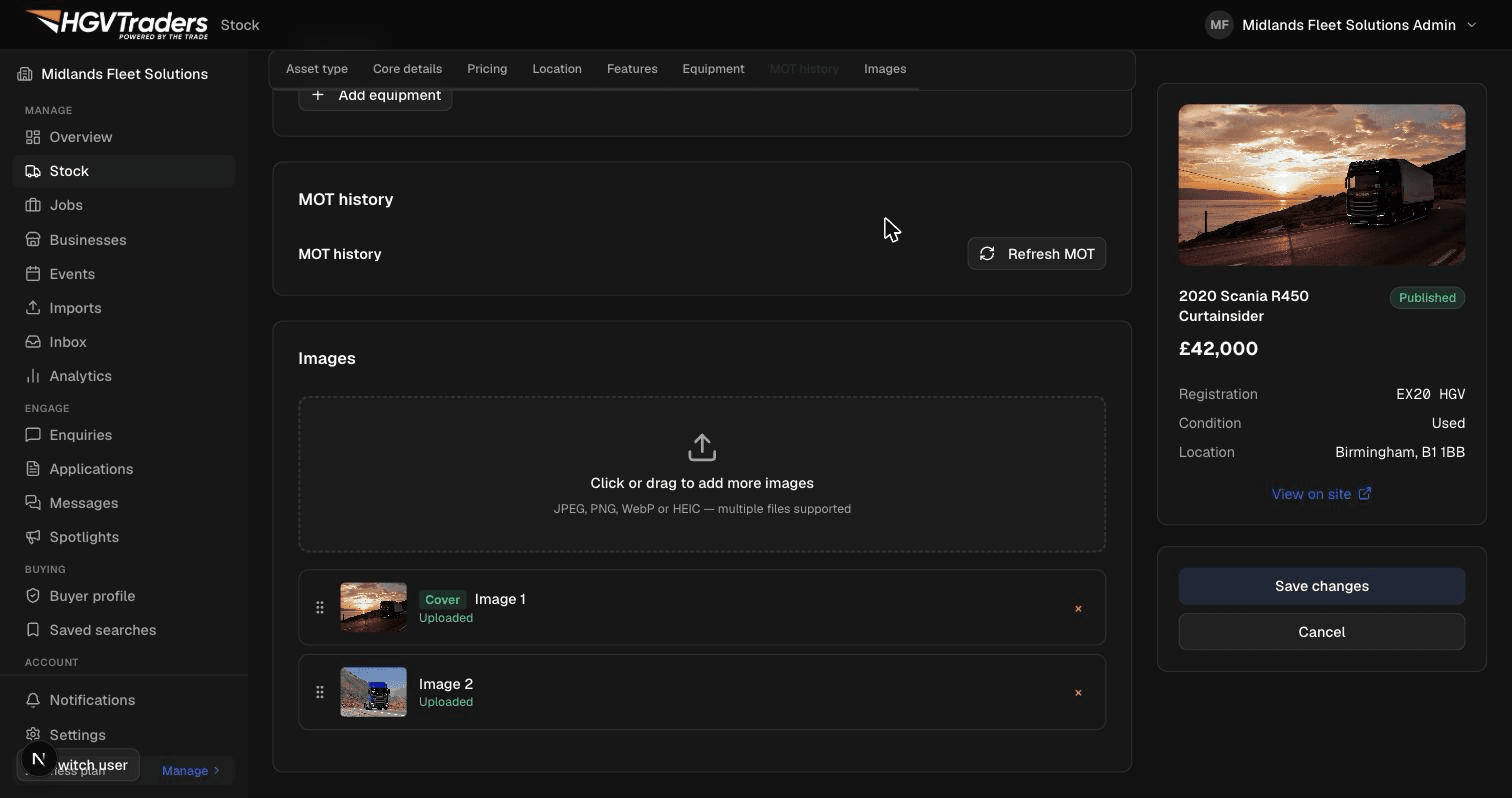 The stock wizard's photo upload step showing a drag-and-drop area and uploaded thumbnails