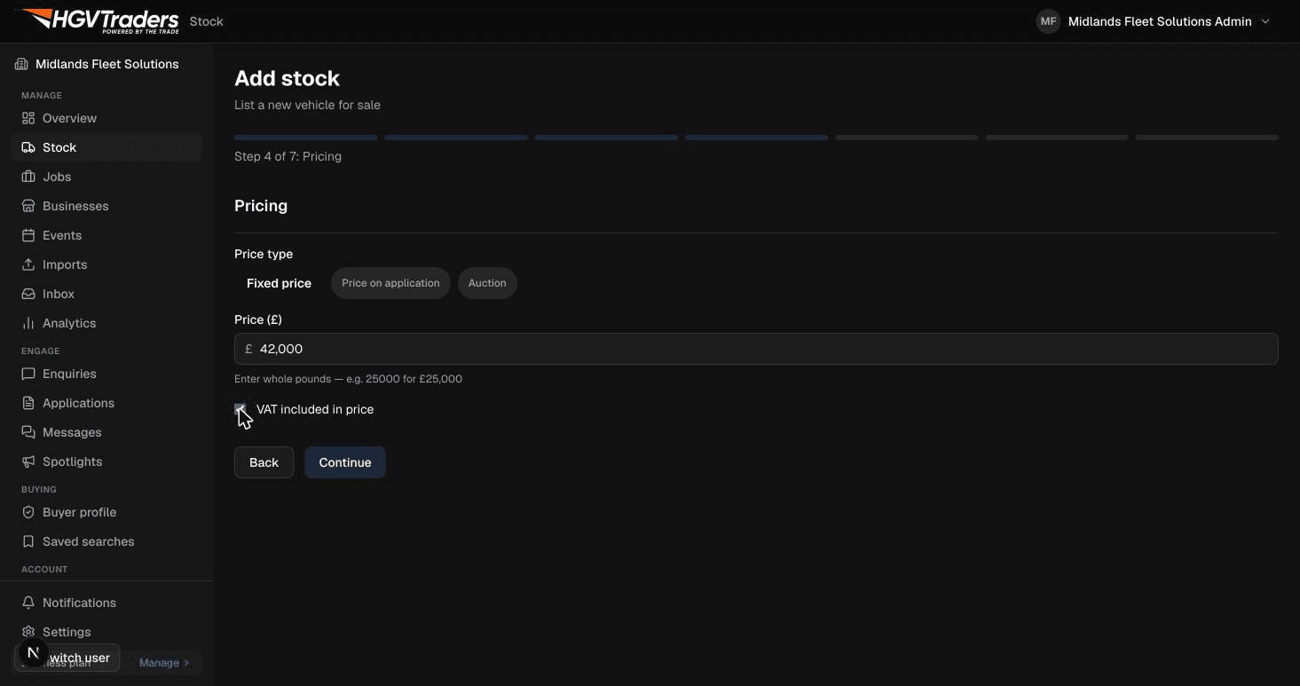 The stock wizard's pricing step with price, VAT status, and negotiable toggle