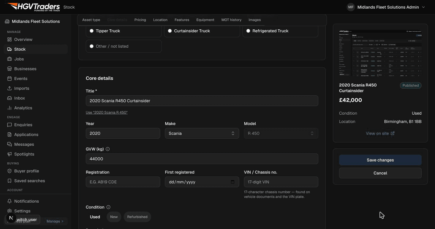 The stock wizard's final review step with a Publish button